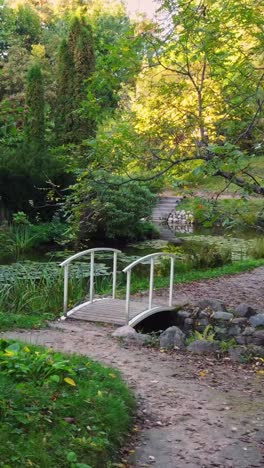 peaceful garden scene with a wooden bridge over a pond