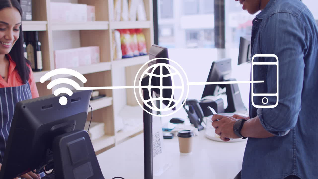 animación de iconos y procesamiento de datos sobre el hombre que paga con tarjeta de crédito en la tienda