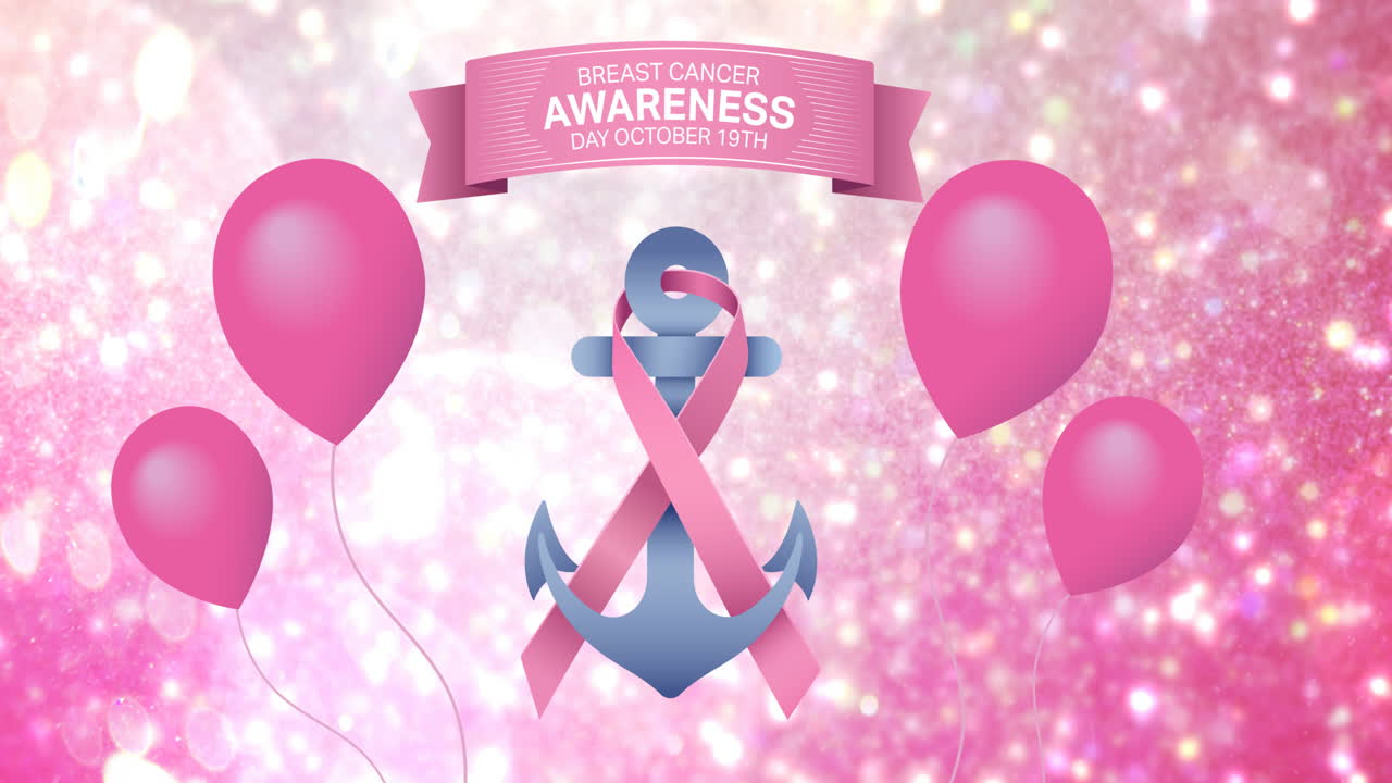 핑크 리본  ⁇ 커 로고와 유방암 텍스트 위에 날아다니는 분홍색 풍선의 애니메이션