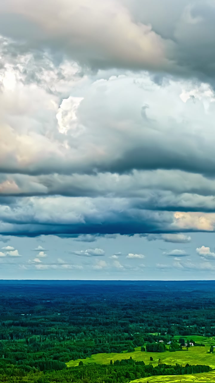 Dramatic clouds over lush landscape evoke tranquility and awe