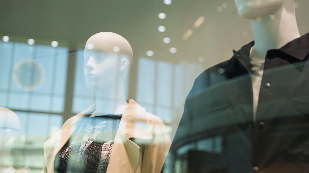 쇼핑몰 상점 앞에 전시된 스타일리시한 남성과 여성 마네킨. 남성 마네킨은 검은 셔츠를 입고, 여성 마네켄은 멋진 의상을 입고 있다.