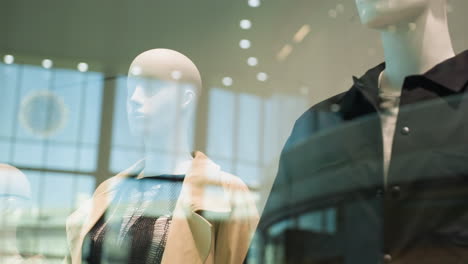 stylish male and female mannequins displayed in a mall storefront. the male mannequin is dressed in a black shirt, while the female mannequin sports a chic outfit