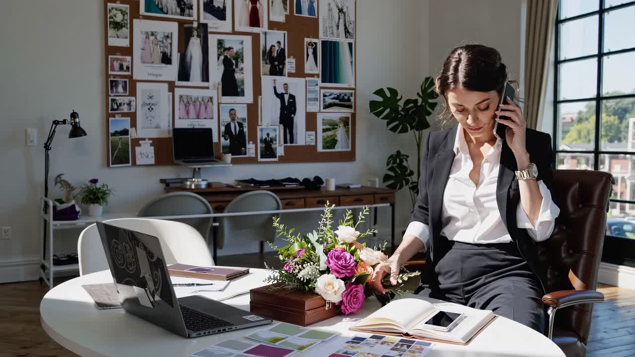 A professional woman in a modern office talks on the phone, surrounded by wedding photos