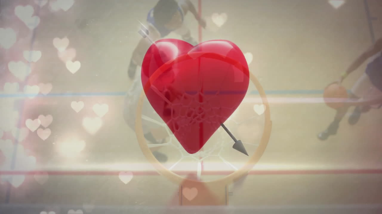 Red heart with arrow animation over blurred background with heart shapes