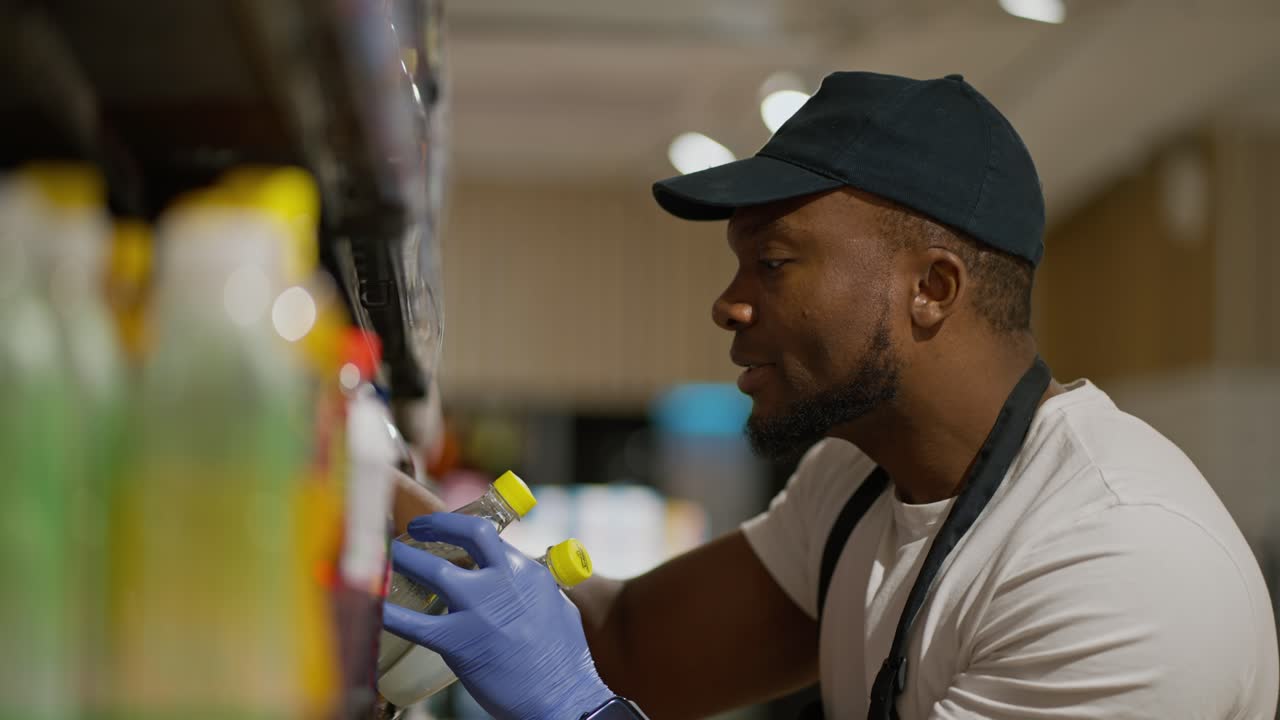 Un uomo felice con la pelle nera, con un berretto nero e una maglietta bianca, un dipendente del supermercato, sistema e ordina le bottiglie in un espositore speciale. In un grande negozio di alimentari.