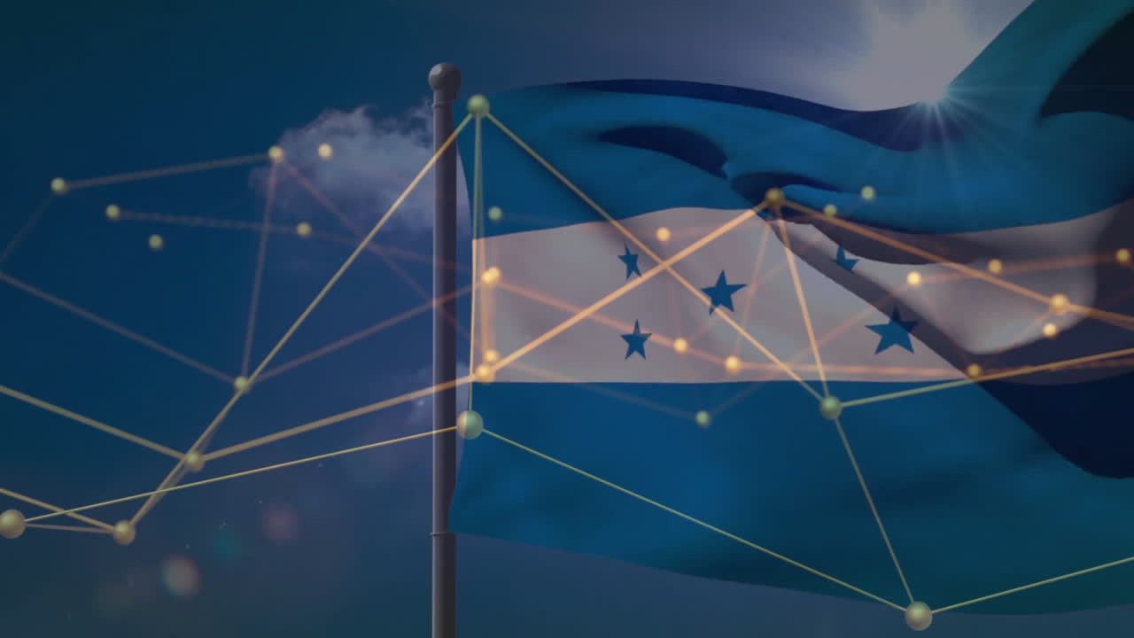 Honduras flag waving with network of connections and data processing animation