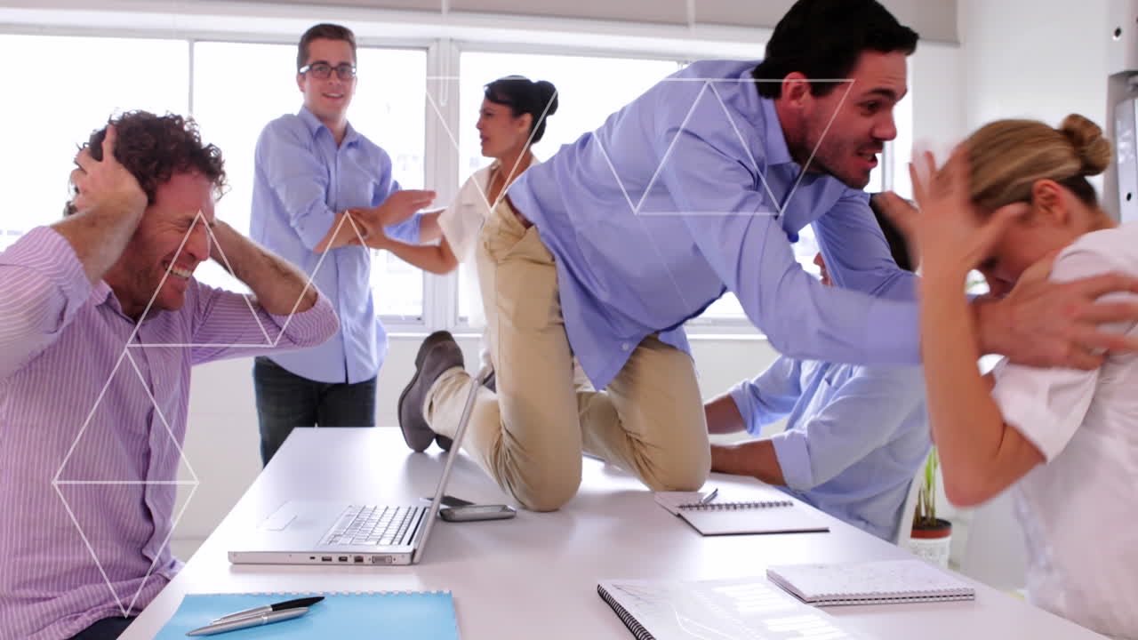 Animation of triangles over diverse excited and angry coworkers arguing ...