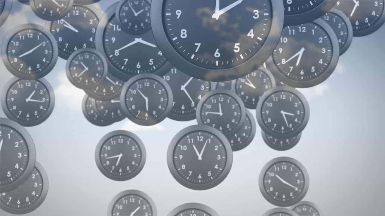 Orologi che fluttuano nel cielo, animazione che rappresenta il concetto del passare del tempo