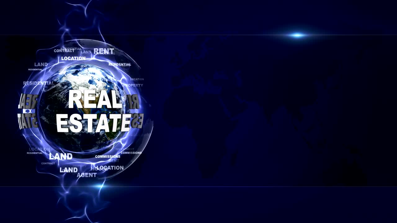 animación de texto de bienes raíces y tierra, renderización, fondo, bucle