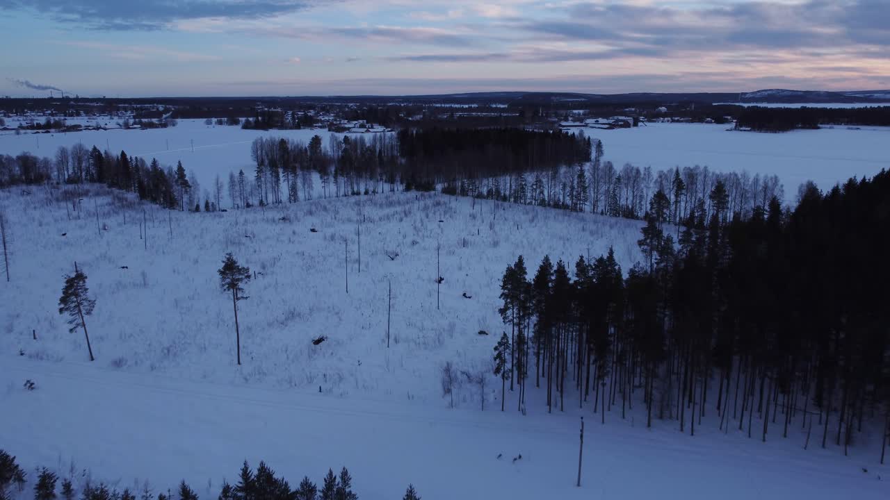 4K droneopptak over et snødekt landskap under blåtimen i Piteå, Sverige.