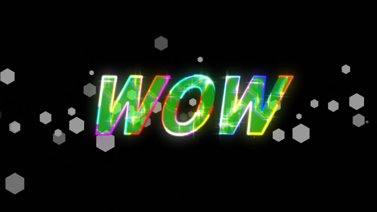 Glowing WOW text with colorful animation over hexagonal shapes on black background