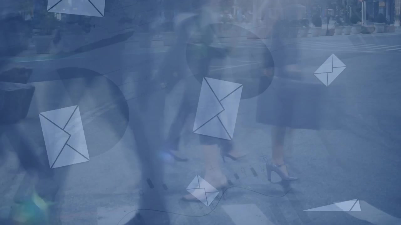 Animation of data processing and envelope icons over people walking on street