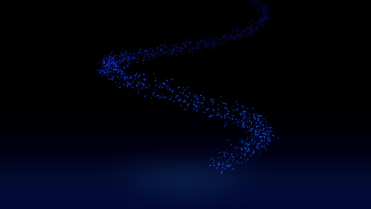 빛나는 입자에 대한 애니메이션 - 떨어지는 파란 빛나는 입자가 바닥에 원을 형성합니다. 배경은 검은색입니다.