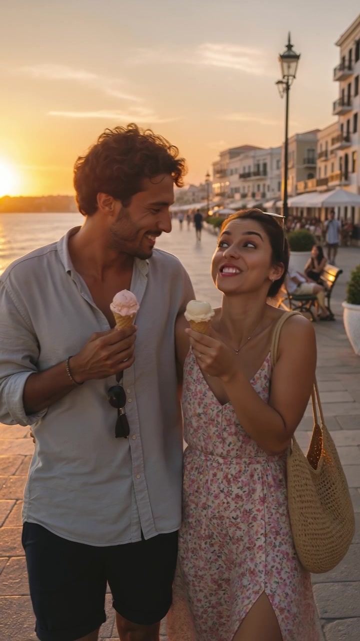 Giovane coppia felice che passeggia lungo una passeggiata costiera al tramonto mentre mangia coni gelato.