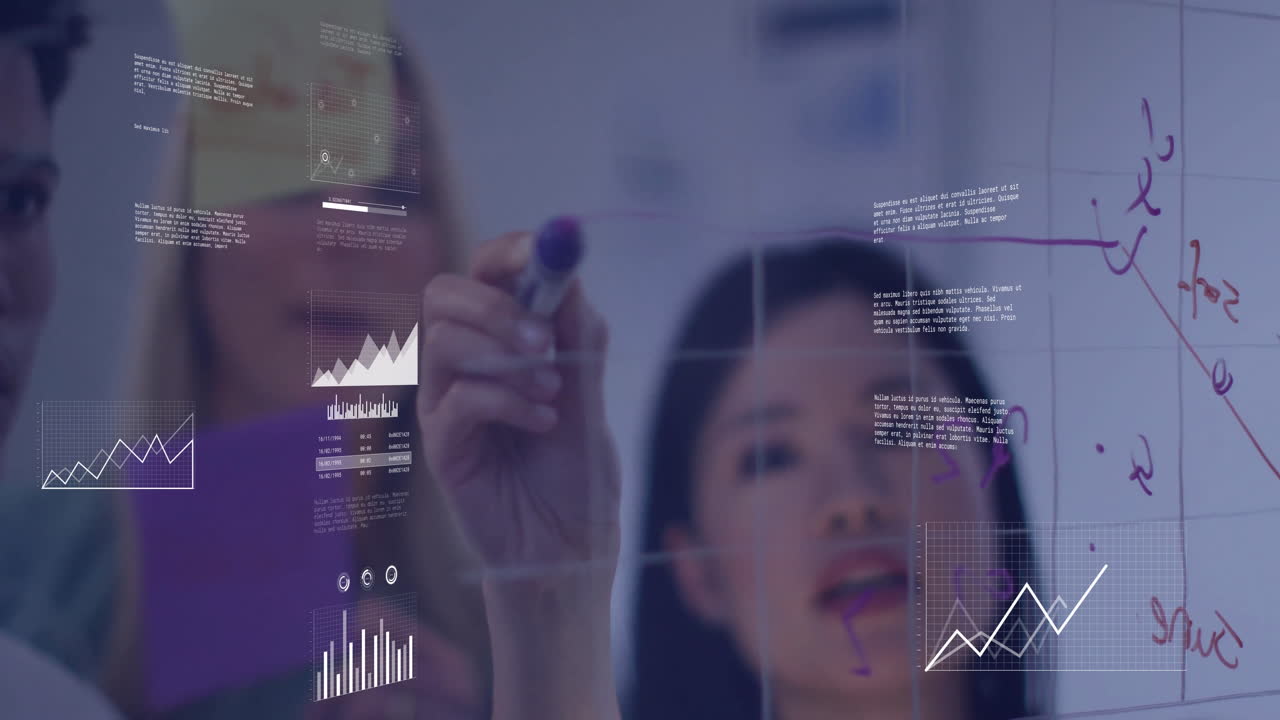 Animation of data processing over diverse business people in office