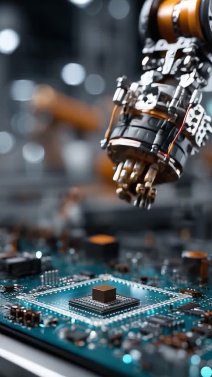 Advanced Robotic Arm Assembling Microchips on a High-Tech Circuit Board with Precision and Efficiency in a Modern Industrial Setting