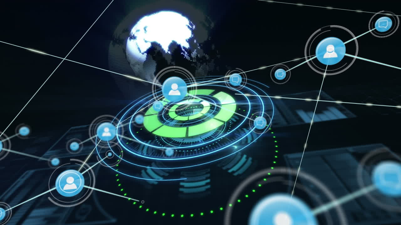 Network of profile icons against spinning globe over round scanner on black background