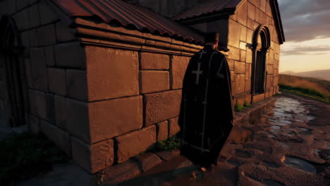 priest at sunrise in the mountains