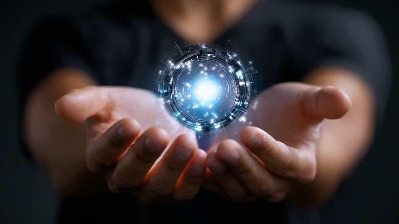 A visionary moment captured as two hands cradle a glowing sphere of energy and light, symbolizing innovation, potential, and the intersection of technology with human creativity and ambition