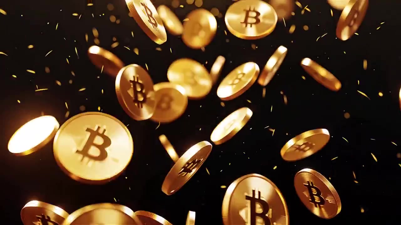 Bitcoin girando em fundo preto dramático 4K