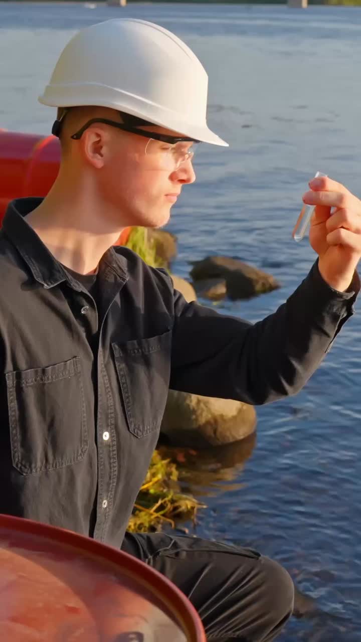 Vertical close-up shot of man in helmet examining water sample vial by the river in warm sunlight