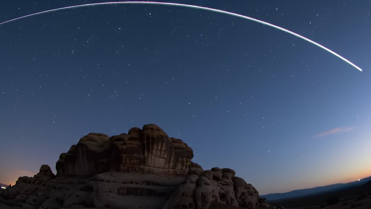 Celestial Journey: A Stunning Night Sky Over Rocky Formations Captured in Two Frames Showcasing the Majestic Transit of Stars and Lights Across the Horizon