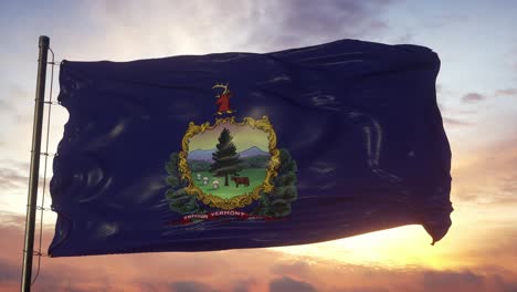 flag of vermont waving in the wind against deep beautiful sky at sunset