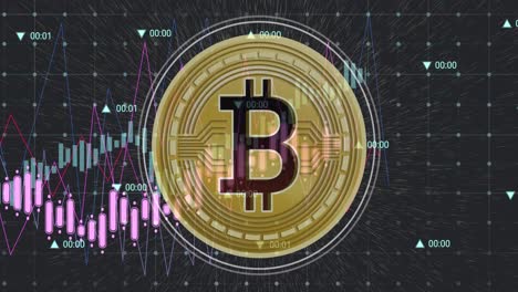 animación del procesamiento de datos y el símbolo de bitcoin sobre fondo negro