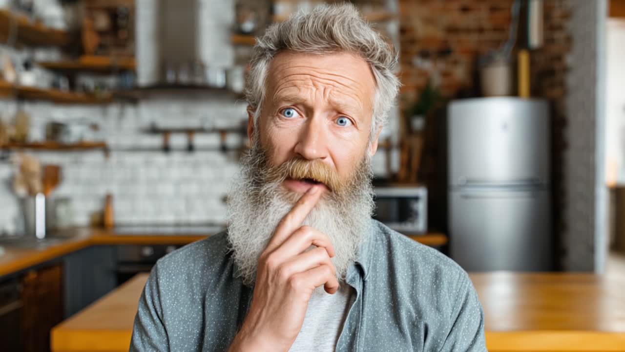 Contemplazione e Riflessione: Un Uomo Pensieroso con una Distintiva Barba Grigia Immerso nei Pensieri in un Accogliente Ambiente da Cucina