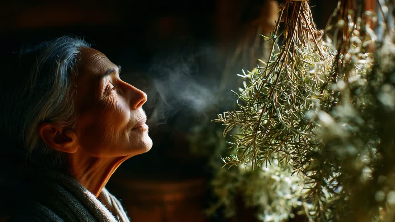 A Serene Moment of Reflection: An Elderly Woman Enjoys the Aroma of Fresh Herbs in a Cozy, Dimly Lit Room, Embracing Nature's Essence with a Sense of Tranquility and Peace