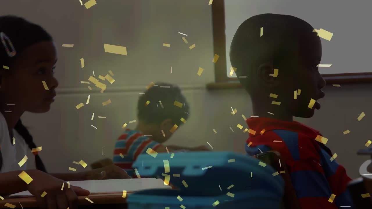 Animation of confetti over diverse schoolchildren learning