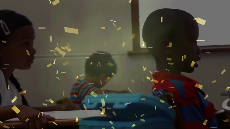 Animation of confetti over diverse schoolchildren learning