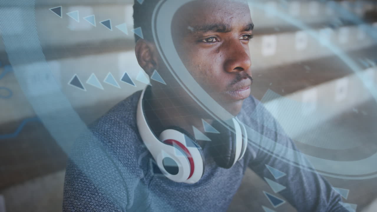 animación del procesamiento de datos digitales sobre el agua potable de los atletas masculinos en las gradas del estadio deportivo