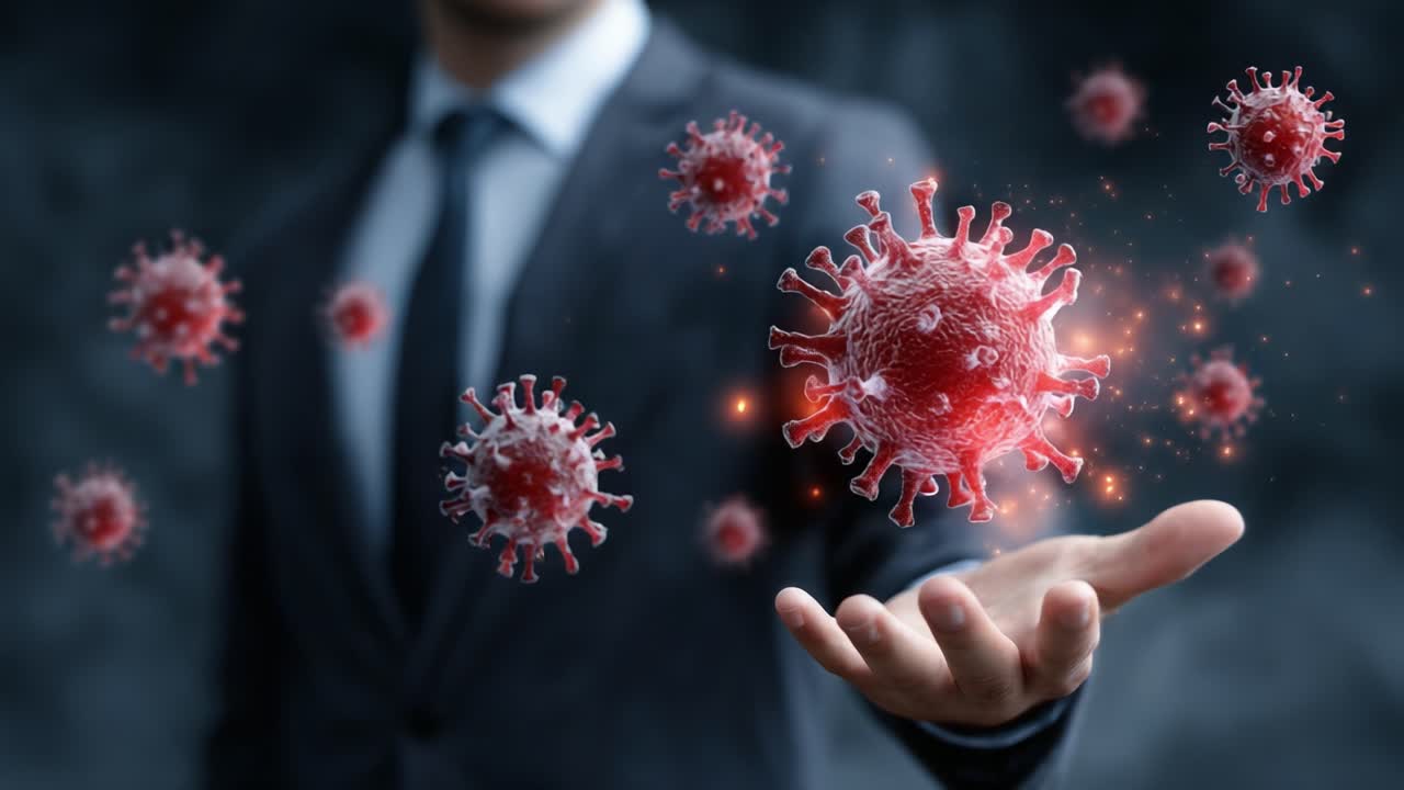 A Professional in Business Attire Demonstrating the Concept of Viruses with Floating Viral Particles Highlighting the Urgency of Health Awareness and Safety Measures