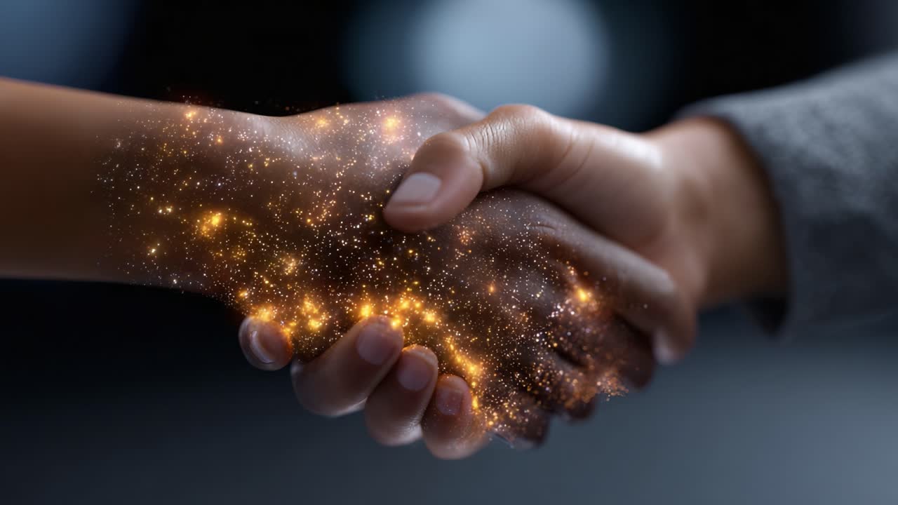 A vibrant handshake that symbolizes unity and collaboration, embedded with enchanted particles representing trust and mutual agreement in a harmonious setting