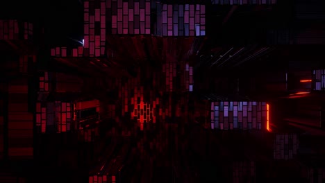 bucle vj: caída a través de un entorno digital con fallas y luces rojas, violetas y azules brillando en estructuras de cuadrícula intermitentes