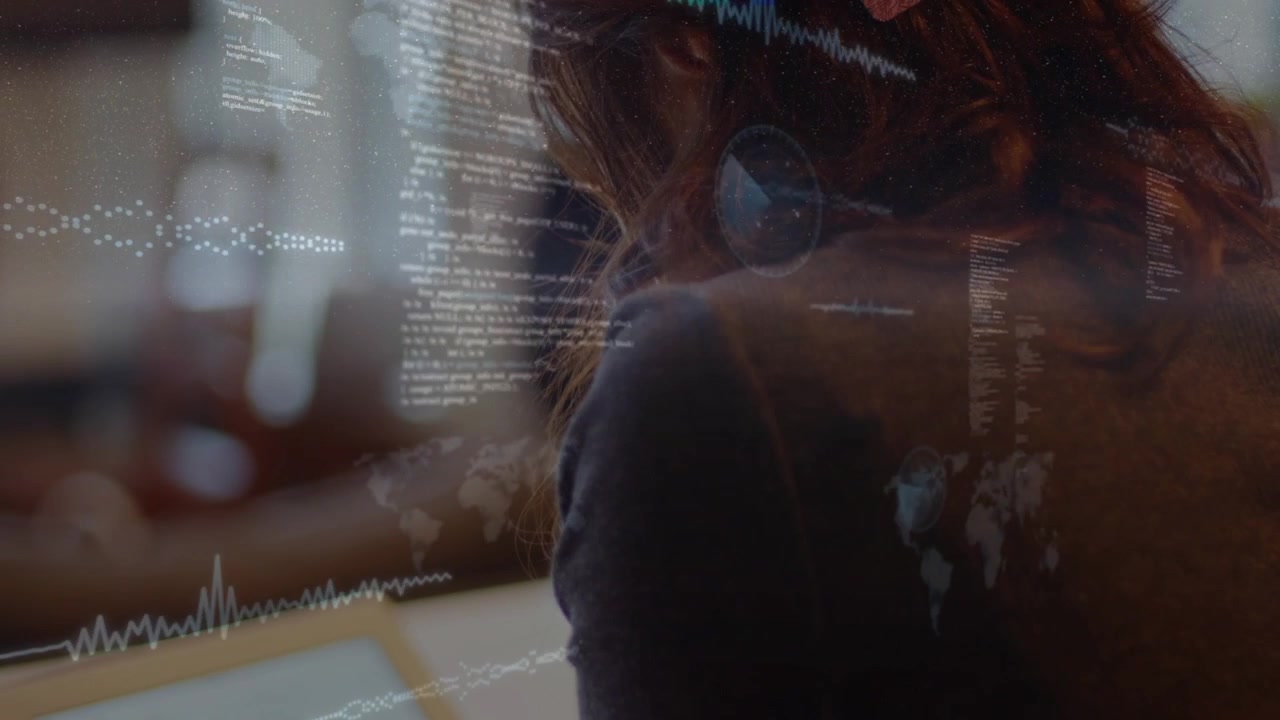 Asian female in dark top sitting at table using tablet tapping headphones and overlays, copy space