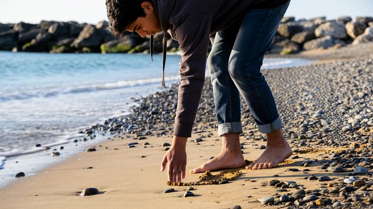 Bending man in hoodie and rolled-up jeans shaping wet sand at shoreline as wave prompts changes