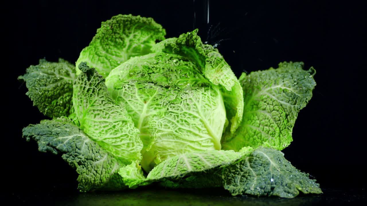 frescos tapones de repollo verde savoy que caen gotas de agua.