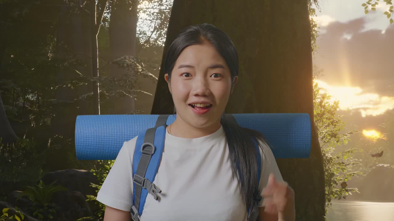 숲에서 산책하는 행복한 여자