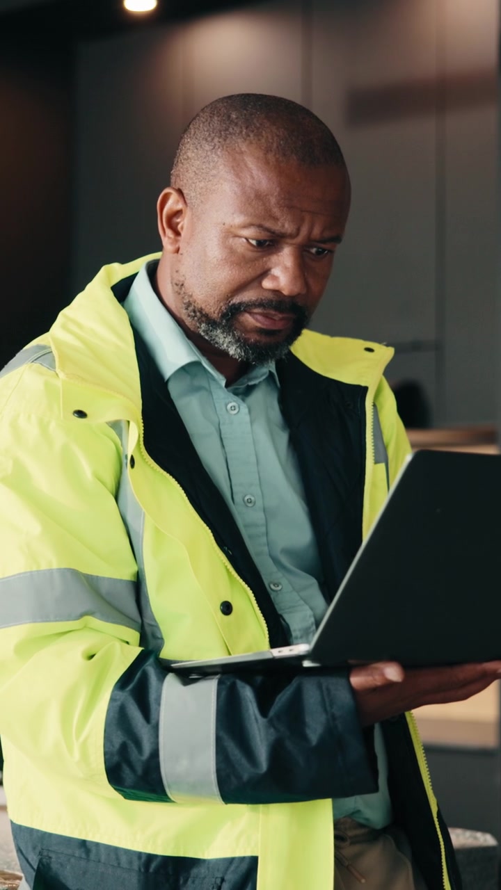 Direttore di cantiere di mezza età che usa un laptop sul posto di lavoro