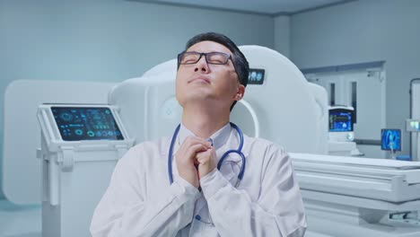 close up of asian male doctor pray for something with mri machine in the hospital