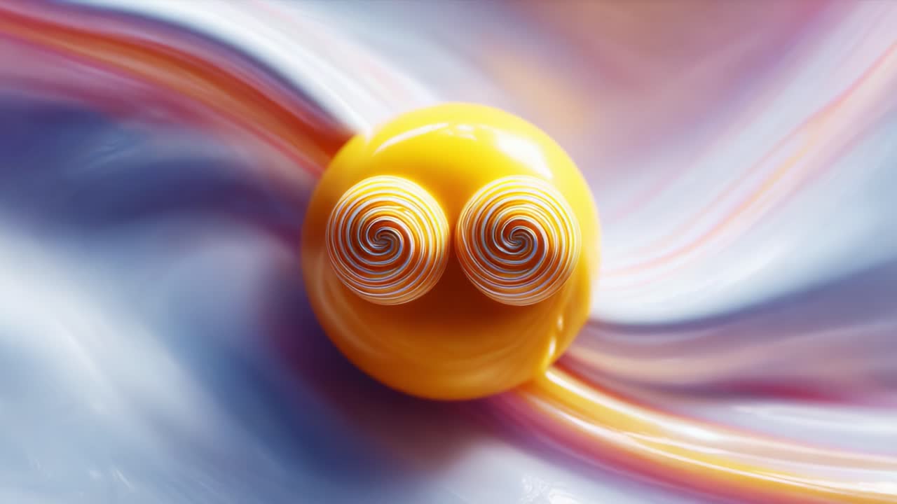 A Vibrant Yellow Sphere with Spiraled Eyes Moves Through an Abstract Swirling Background of Colorful Fluid Patterns, Creating a Captivating Visual Experience in Motion