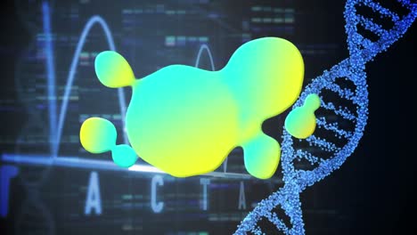 Animation-of-green-stain-and-dna-strand-with-diagram-on-black-background