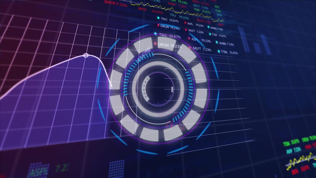 Animation of round scanner spinning over statistical and stock market data processing