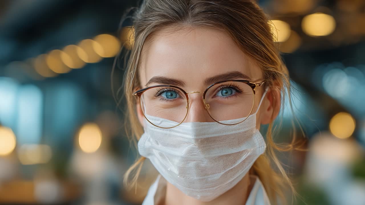 Una giovane donna con occhi azzurri e occhiali, che indossa una mascherina, sorride luminosa, catturando l'essenza della sicurezza e dell'ottimismo in un ambiente moderno