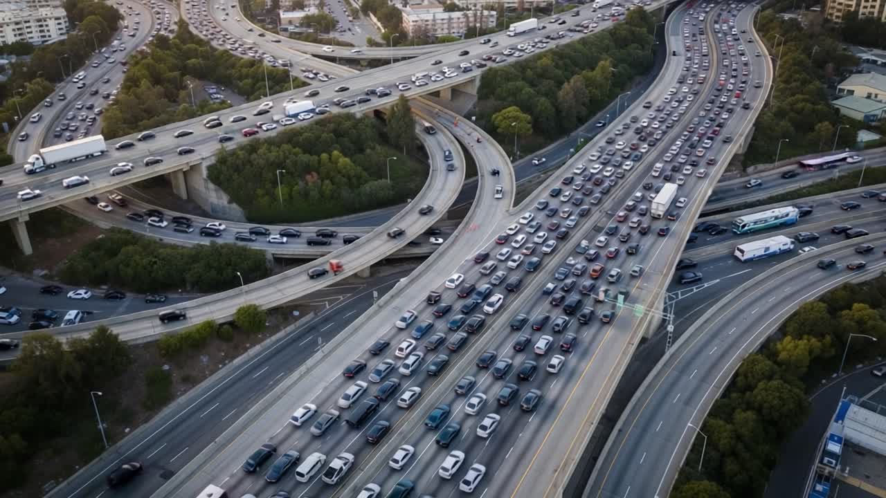 Aerial View of Busy Highway Interchange with Heavy Traffic