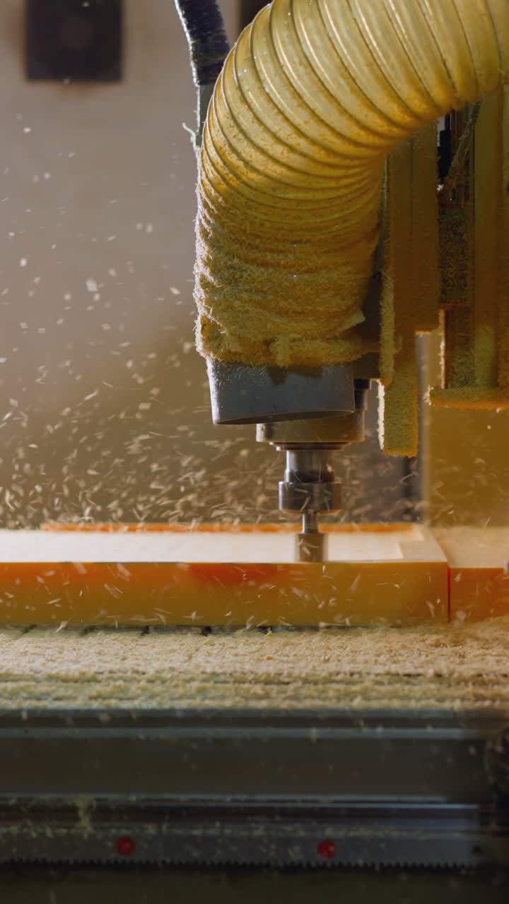 Macchina CNC in azione con spruzzo di particelle e finestra luminosa sullo sfondo.