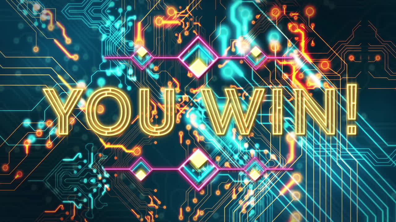 You win! text animation over colorful circuit board design, celebrating victory