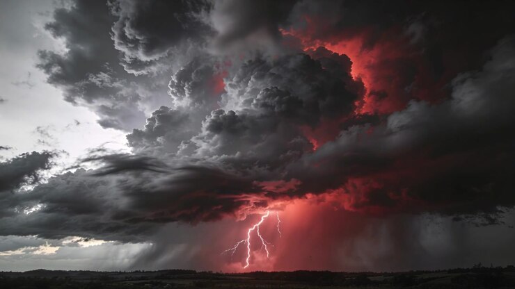 Tempesta in avvicinamento con cumulonembo che genera fulmini, bagliore rosso pulsante, e pioggia che si riversa sulla pianura.